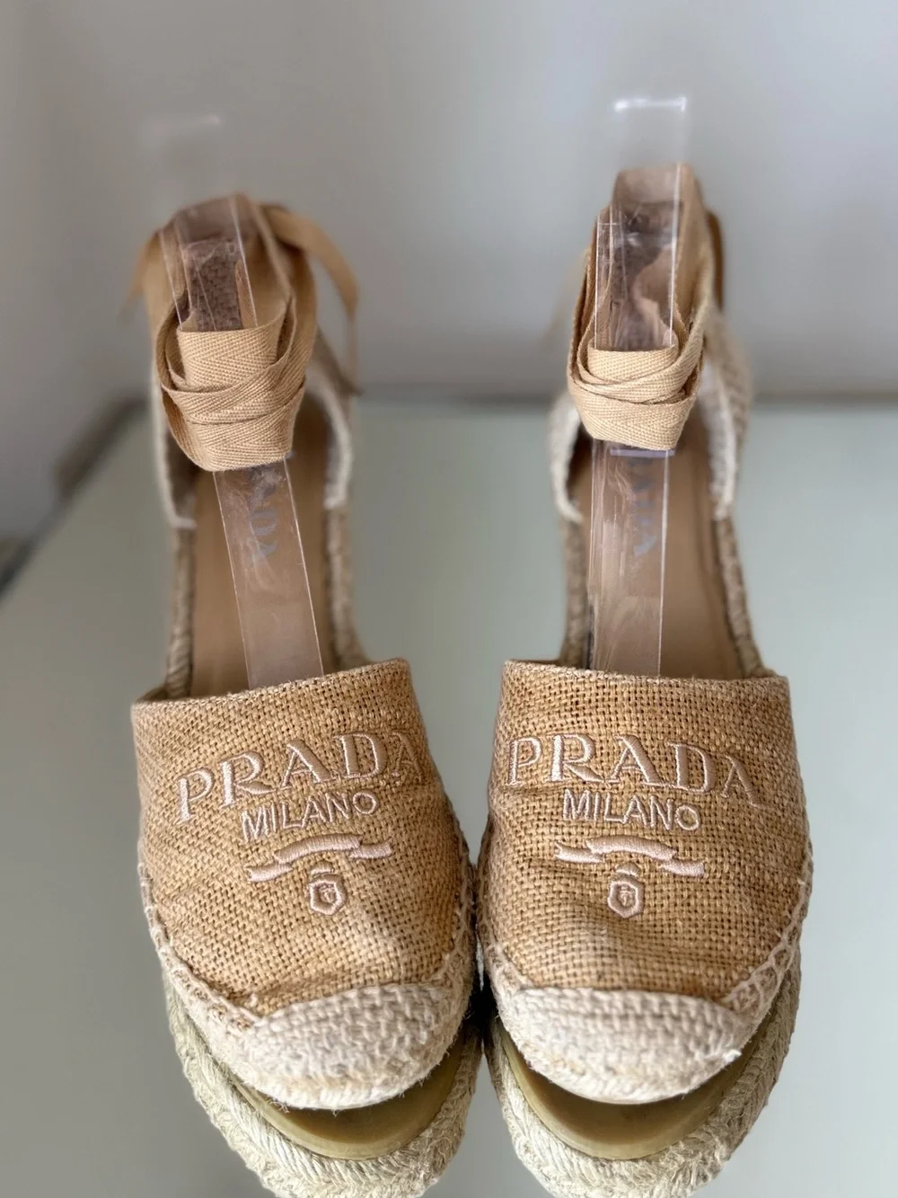 Prada Canvas Espadrille Wedge Tie-Ankle Shoes $850 36